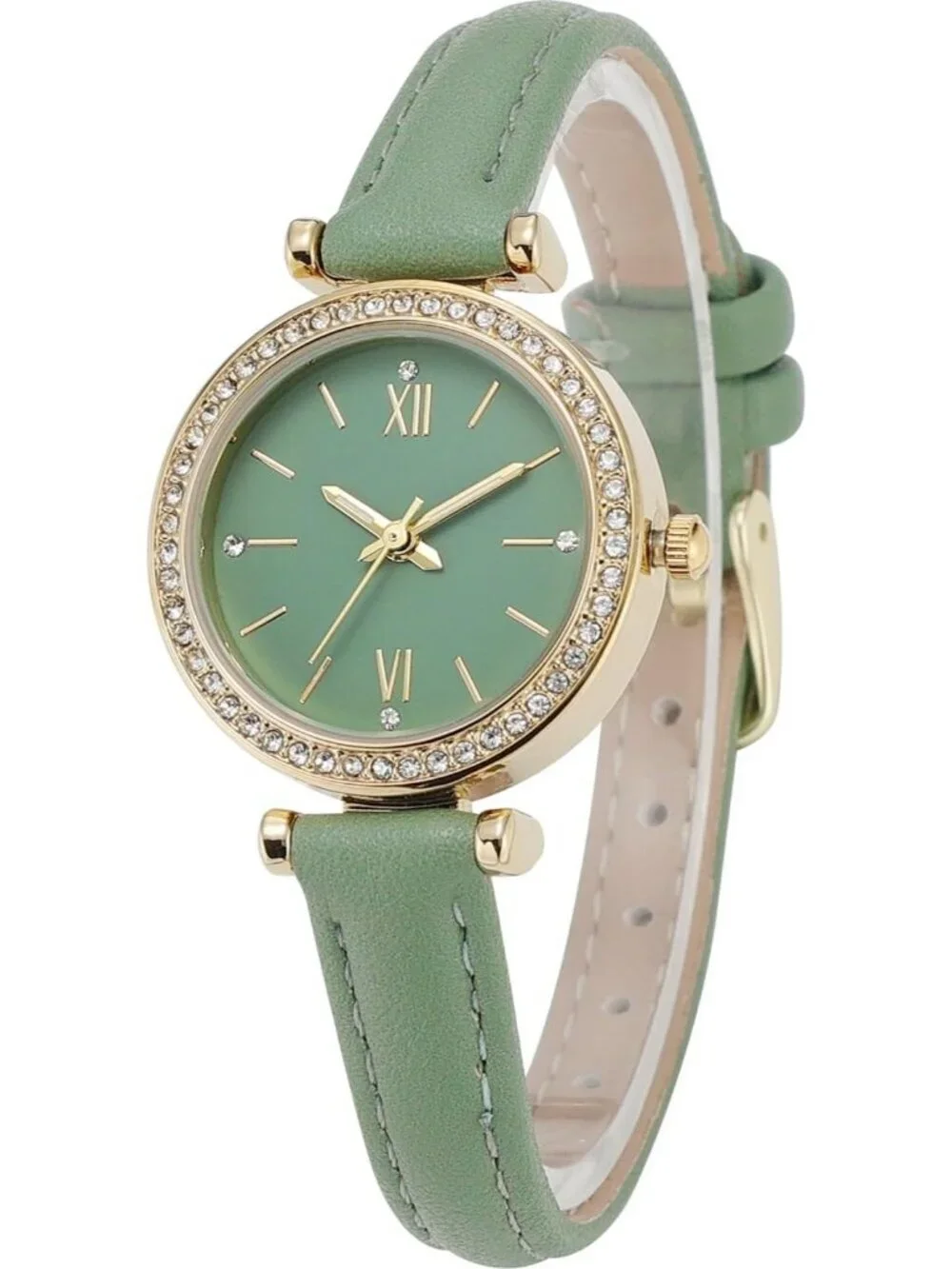 Women's Green Analog Quartz Leather Band Crystal Rhinestone Bezel Wrist Watch